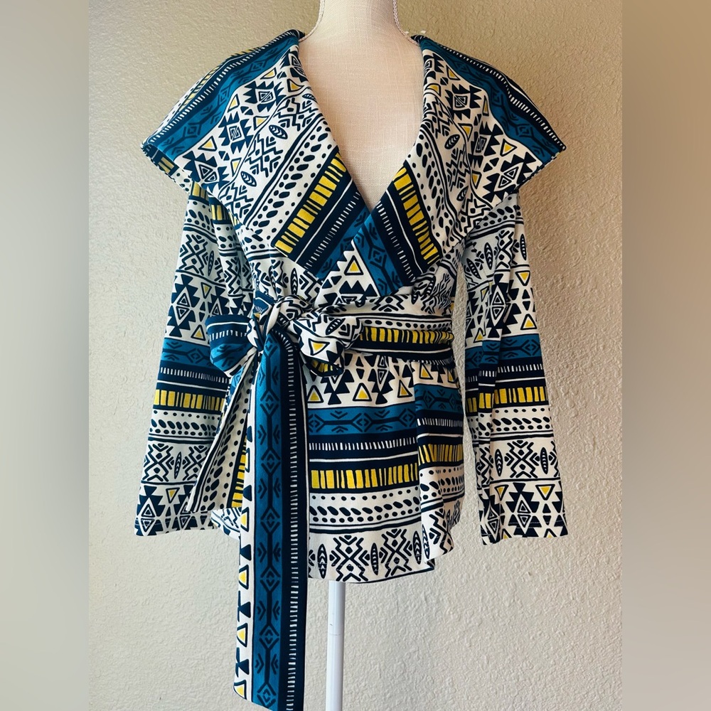 CALS Boho Hooded Wrap Kimono Jacket Geometric Tie Waist Large - Picture 2 of 4